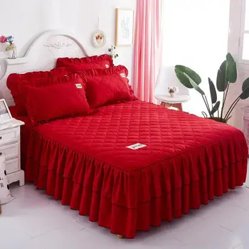  Moda Kalınlaşmış pamuk yatak örtüsü yatak etek Kore prenses tarzı düğün dantel yatak önlük yastık kılıfı düz renk