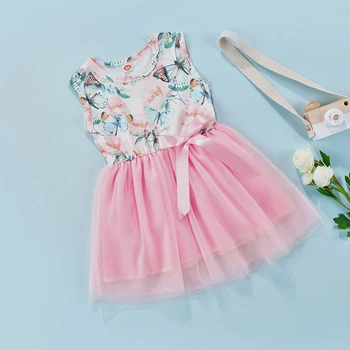 Kızların rahat elbise Çiçek Baskı Yuvarlak Boyun Kolsuz Dikiş Örgü Etek Kabarık Prenses Elbise 2022 Yeni Moda
