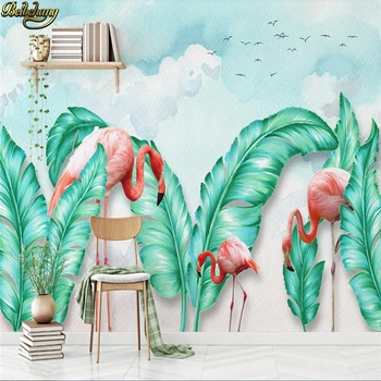  beibehang Özel Fotoğraf Duvar Kağıdı Duvar İskandinav Basit El Boyalı Tropikal Yapraklar Flamingo TV Arka Plan Duvar papel de parede 3d