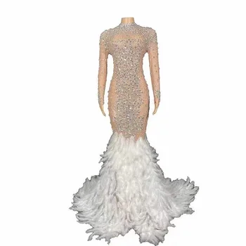  Çıplak Shining Kristal Sparkly Rhinestones Uzun Kollu Kadın Seksi Beyaz Tüy Elbise Düğün Akşam Giyim Sahne Kostüm