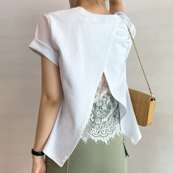  Kadın kıyafetleri Y2K Yaz Dantel Patchwork T-shirt 2022 O-Boyun Katı Bölünmüş Tees Tops Gevşek Beyaz Kısa Kollu T Shirt Kadın T007