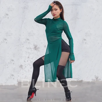  Yeni latin dans kostümü Kadın Elbise Uzun Kollu Seksi Bölünmüş Etekler Tango / Balo Salonu Giyim Bayanlar Parti Gösterisi Yeşil Elbise BI881