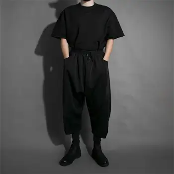  Erkek kişilik eğilim siyah mikro açıklıklı pantolon gevşek eğlence elastik bel yedi dakika pantolon