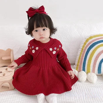  Bebek Kız Elbise İlkbahar Ve Sonbahar Yeni Örme Elbise Bebek Sıcak İşlemeli Prenses Kazak Elbiseler Kız Bebek Giyim