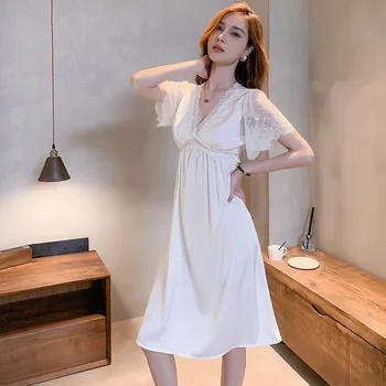  Kadın Gecelik Dantel Patchwork Uyku Elbise Saten Pijama Samimi İç Çamaşırı Rahat Gecelik 2021 Yeni Ev Sabahlık