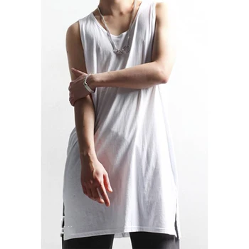  Japon Kore versiyonu gelgit erkek orta uzunlukta süper uzun gevşek yaz ter yelek ölçüm bölünmüş büyük boy kolsuz ti