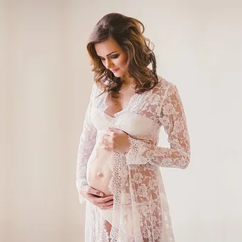  Gebelik Fotoğraf Dantel Elbise hamile elbiseleri Fotoğraf Çekimi İçin Kirpik Dantel Annelik Fotoğrafçılık Elbise Yarık Açık Ön