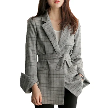  Gri Ekose Blazer Kadın 2019 Yay Sashes Ceket Kadın Zarif Iş Ceket Feminina Takım Elbise Bölünmüş Ofis Bayanlar Ceketler Tam Yeni