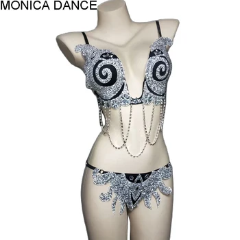  Kadınlar Seksi Sahne Gümüş Taklidi İnci Zincir Sutyen Kısa Yaz bikini seti Balo Dansçı Kutlamak Kıyafet Doğum Günü Kıyafet Seti
